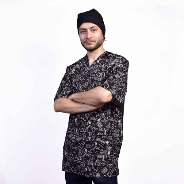 Herren-Schwarzes Medizinisches Scrub-Oberteil & Mütze Set – Elegant & Professionell