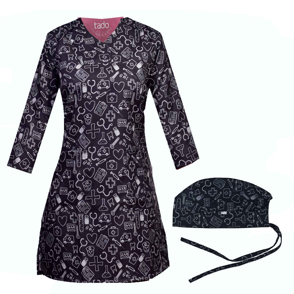 Damen-Schwarzes Medizinisches Scrub-Oberteil & Mütze Set – Koordiniert & Elegant