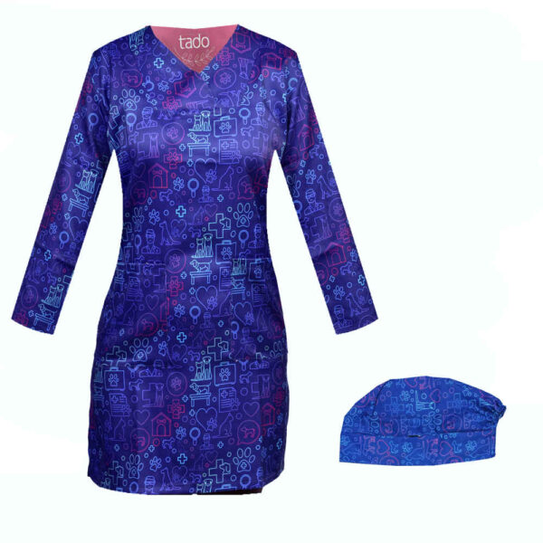 Damen-Blaues Veterinär-Scrub-Oberteil & Mütze Set – Professionell & Koordiniert