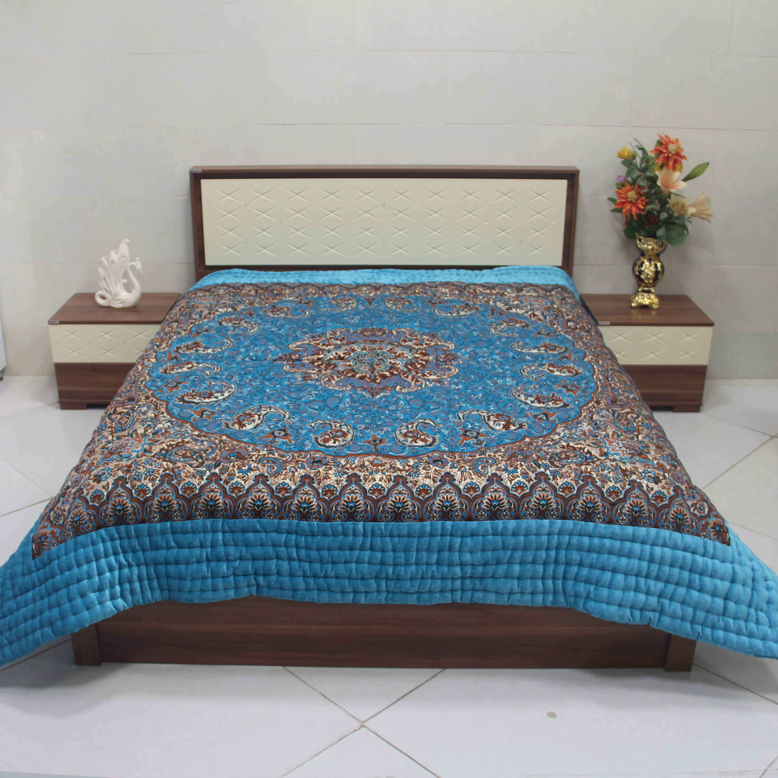 Persisches Bettüberwurf-Set – Orientalischer Stil, Doppelgröße mit Termeh-Stoff – Blau Kaveh