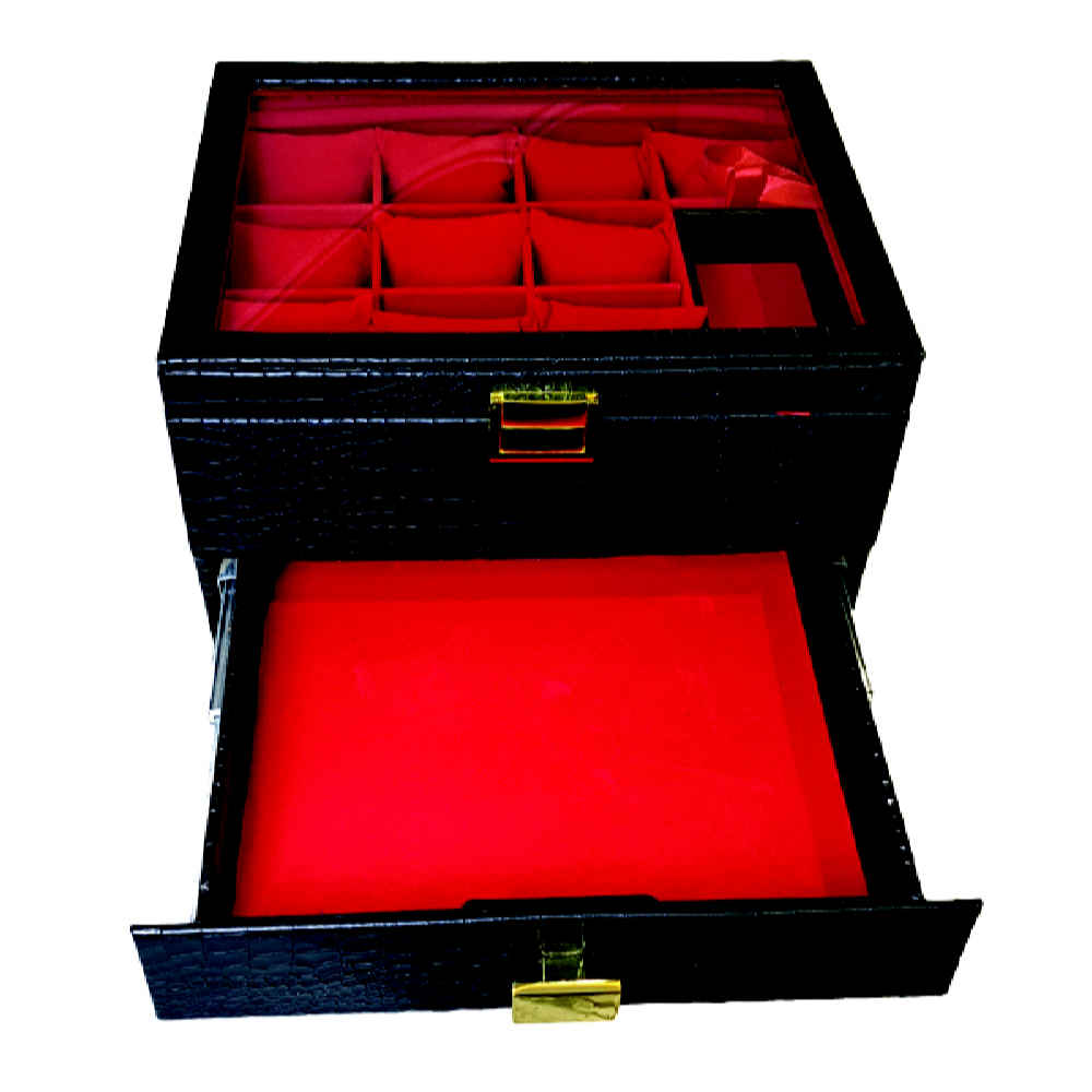 2-stöckige Uhren- und Schmuckbox mit Kunstleder und Wildleder-Innenfutter