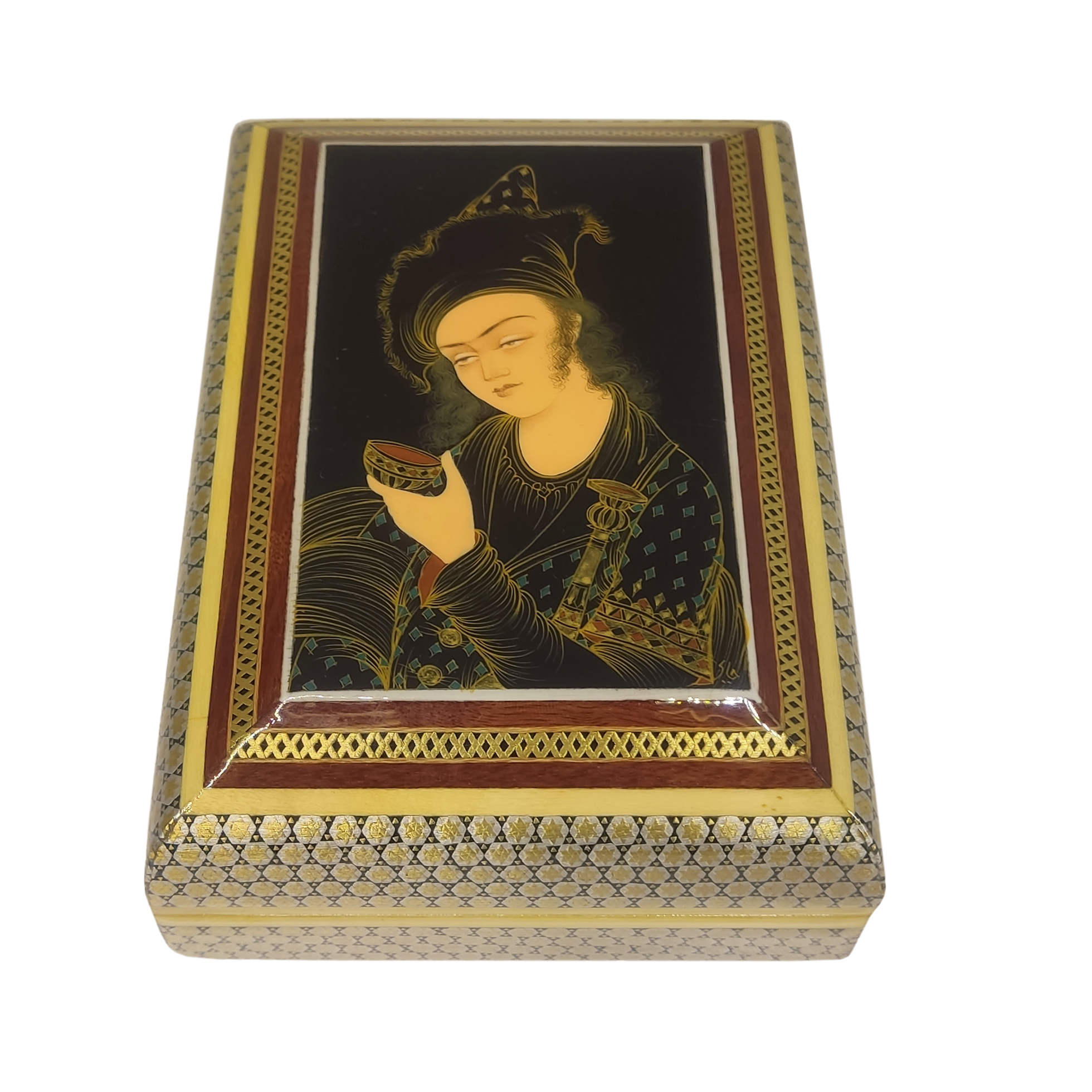 Handgefertigte Holz-Schmuckbox mit persischem Khatam-Bilddesign