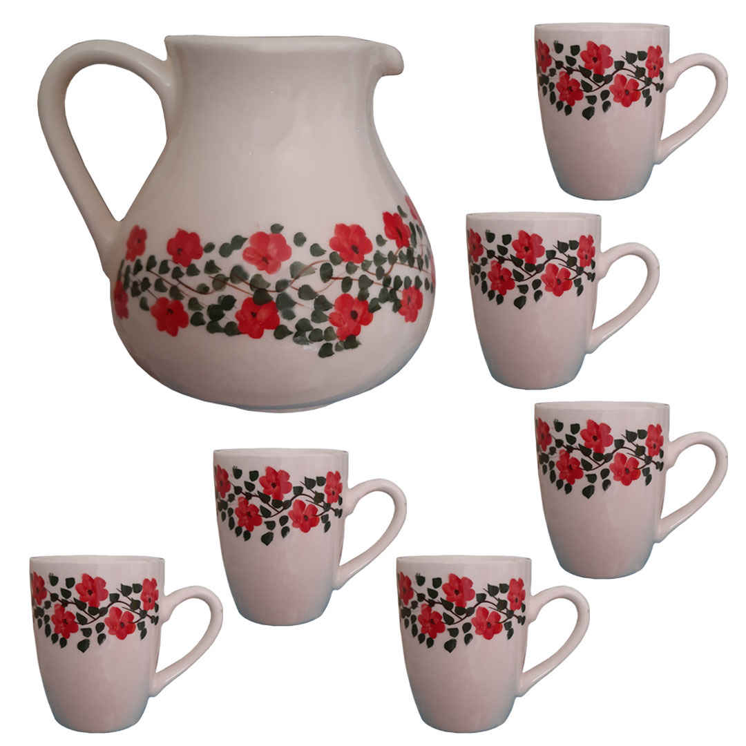 Set aus handgefertigter Töpferkaraffe & Tassen Frühling