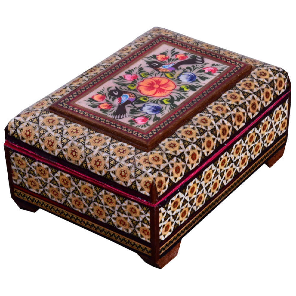 Handgefertigte Holz-Schmuckbox mit persischem Khatam-Feryal-Design