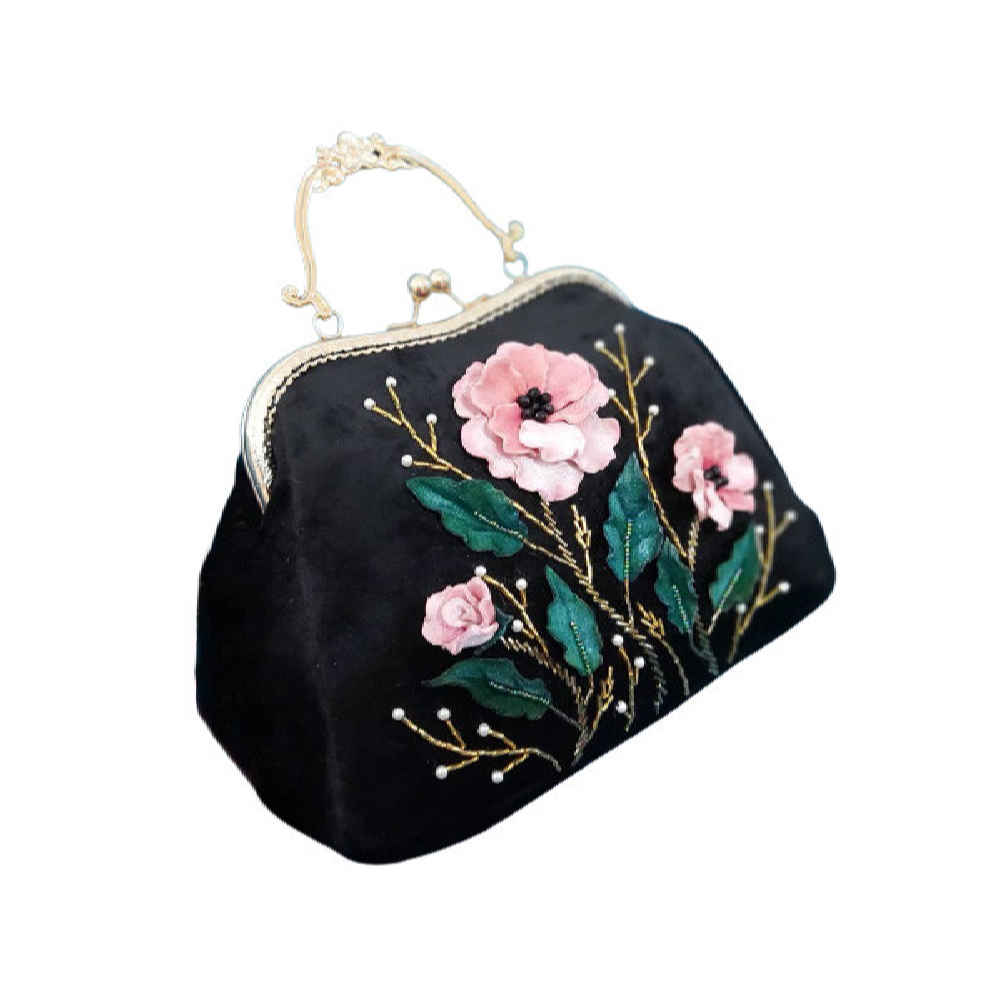 Bandstickerei Clutch Handtasche – Samt mit Blumen Perlendetail