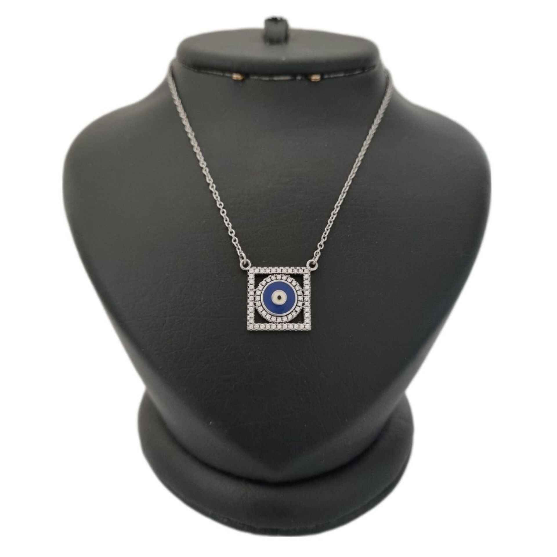 Silberhalskette mit Evil Eye Thema Quadrat