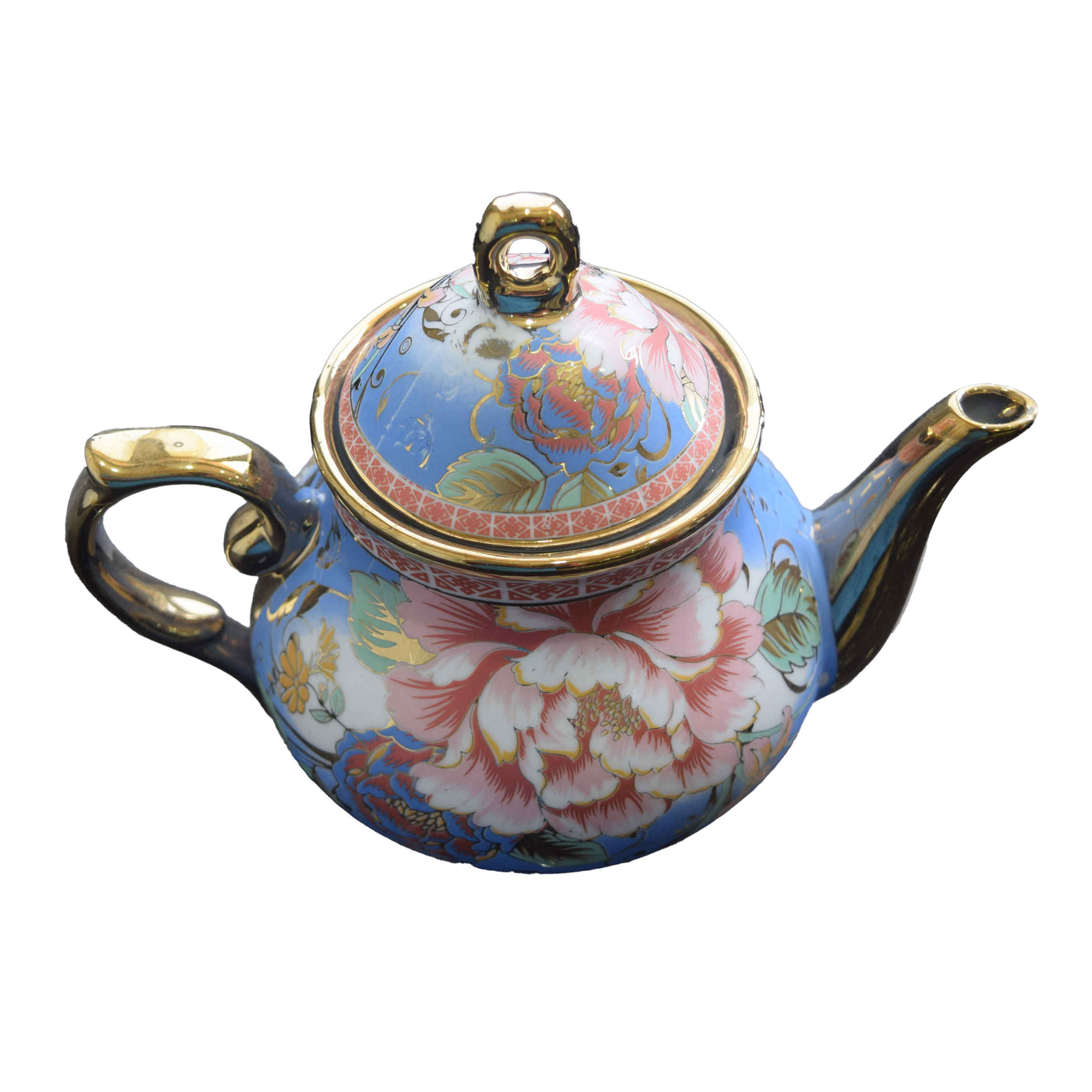 Porzellan-Servier-Teekanne im Retro-Thema mit blauem und goldenem Blumen-Design