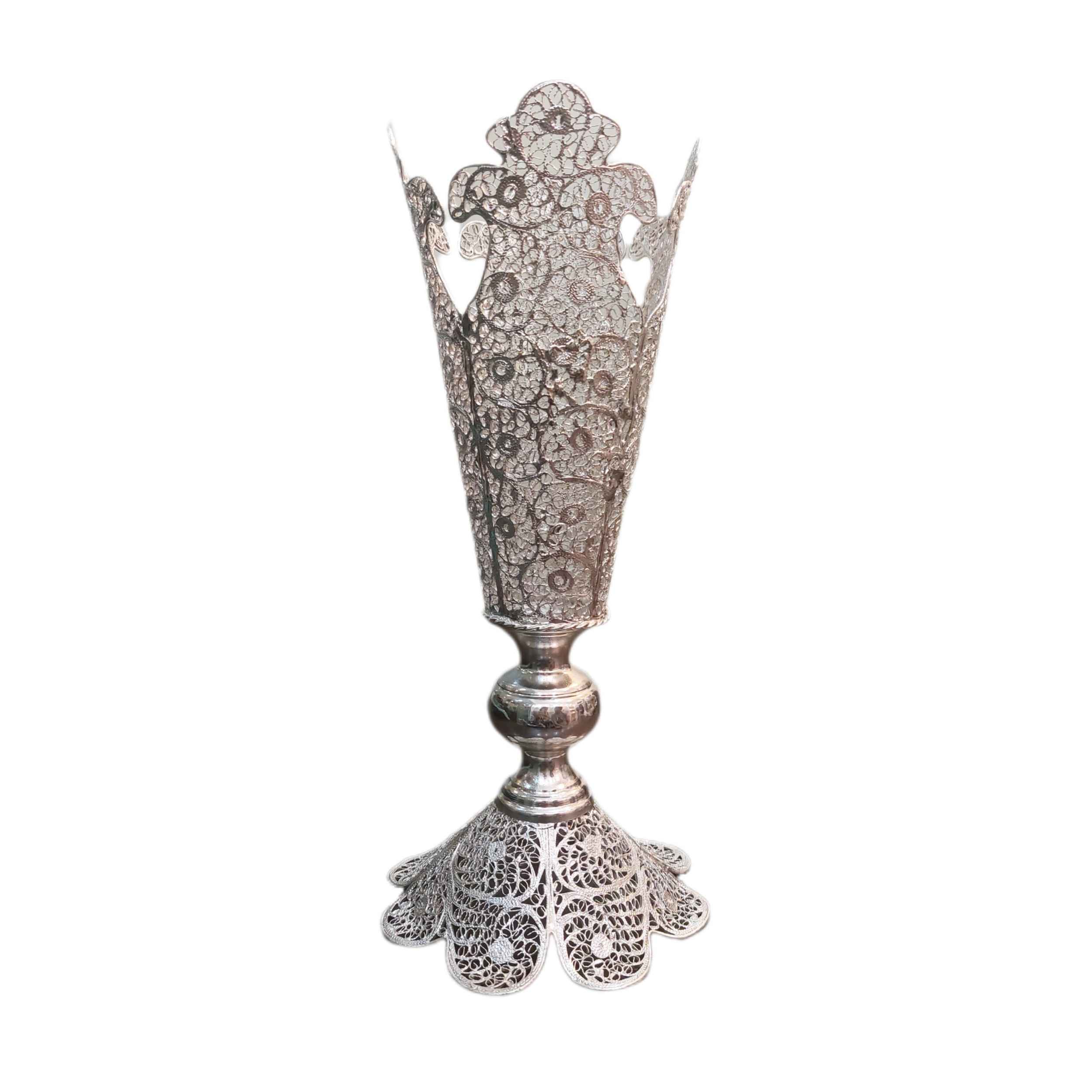 Dekorative Persische Filigran-Vase mit Silberbeschichtung, Trompete Jalil