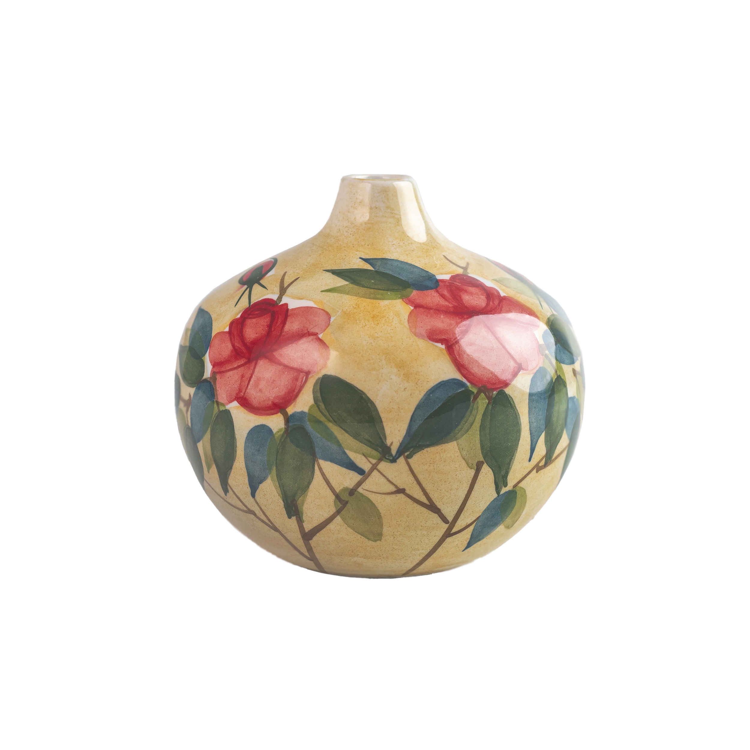 Handgefertigte Einzelstiel-Keramikvase für kleine Räume, handgemalt mit Blumenmuster