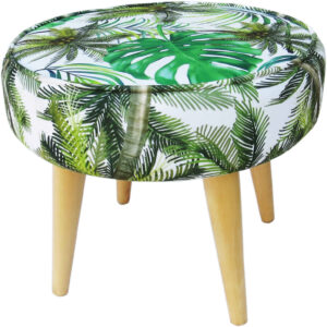 Runder Samt-Hocker mit Holzbeinen, inspiriert von persischer Kunst, Modell Leaf