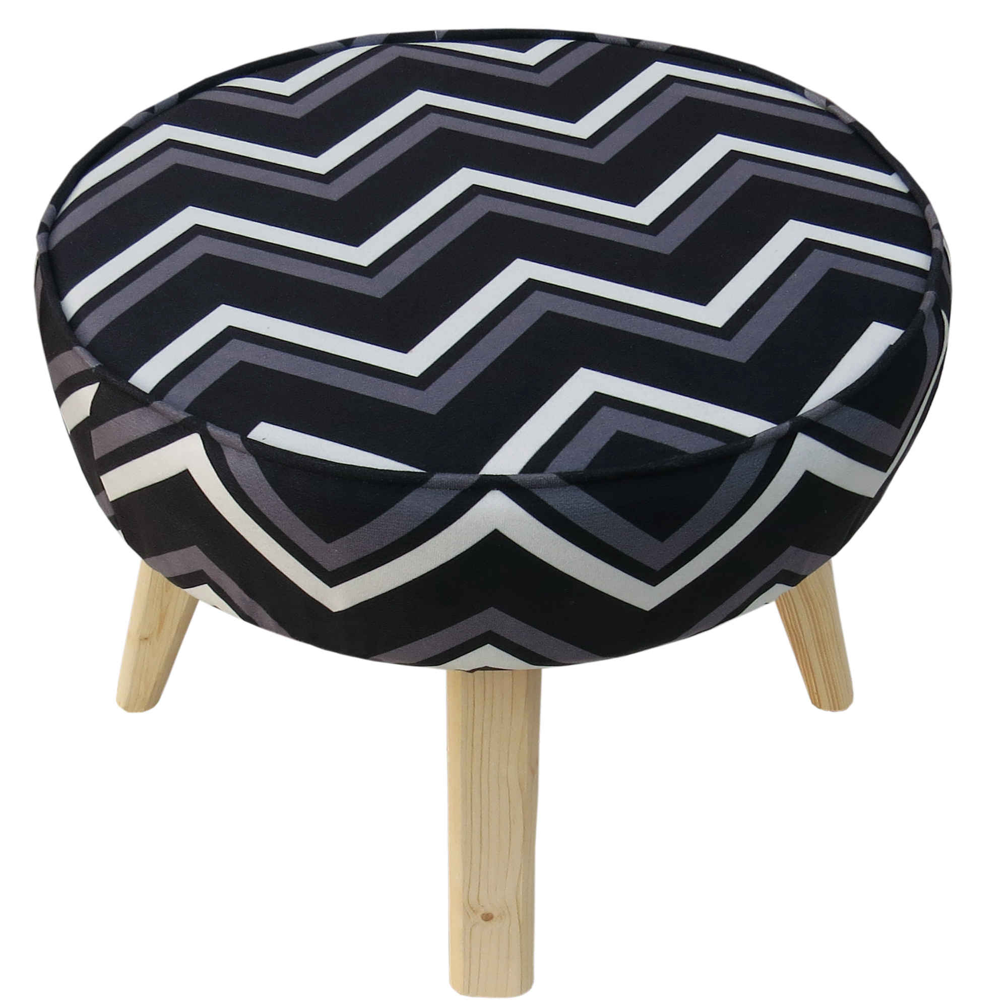 Runder Samt-Hocker mit Holzbeinen, inspiriert von persischer Kunst, Modell Zigzag