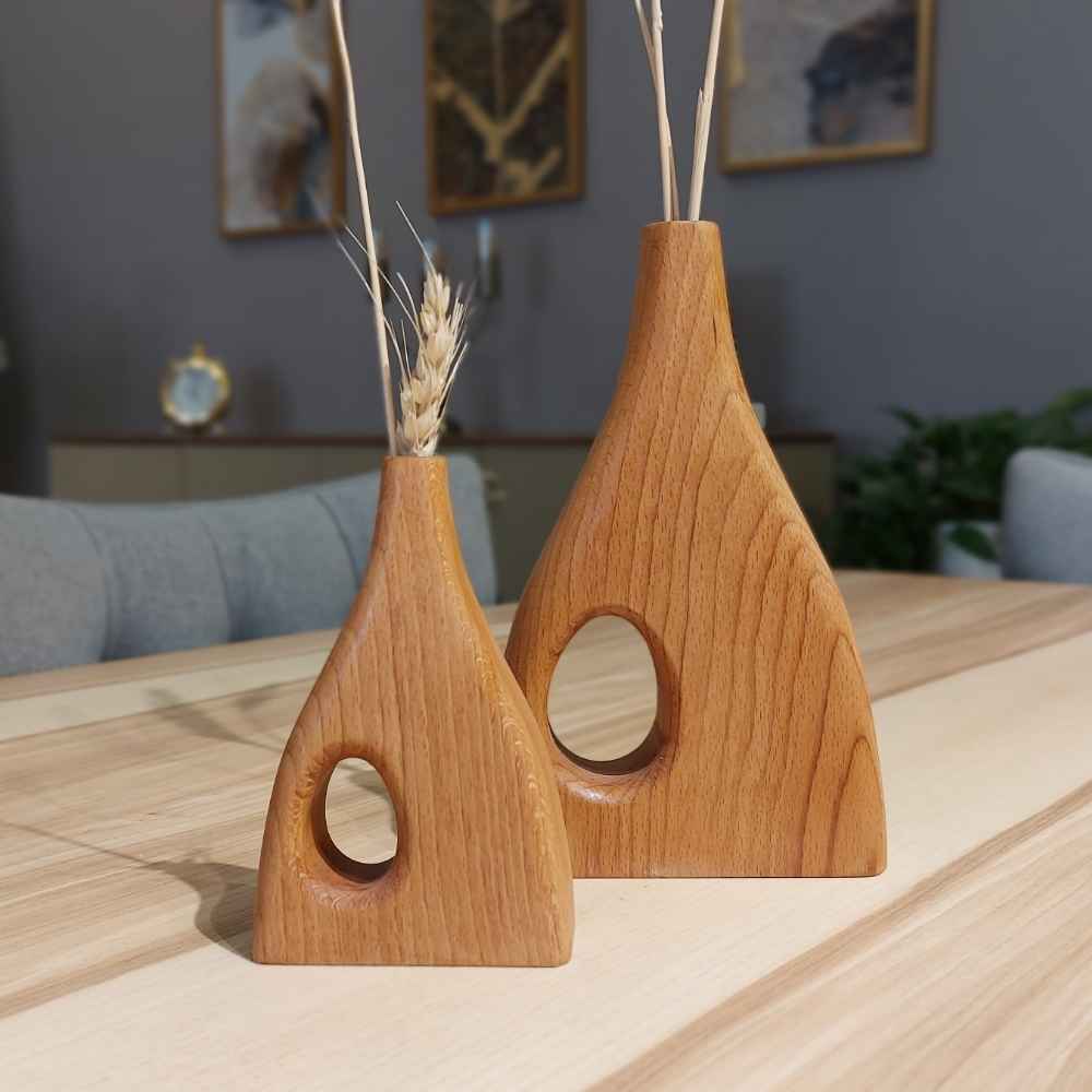 Handgefertigte dekorative Holz-Knospenvase aus massivem Naturholz – 2er-Set