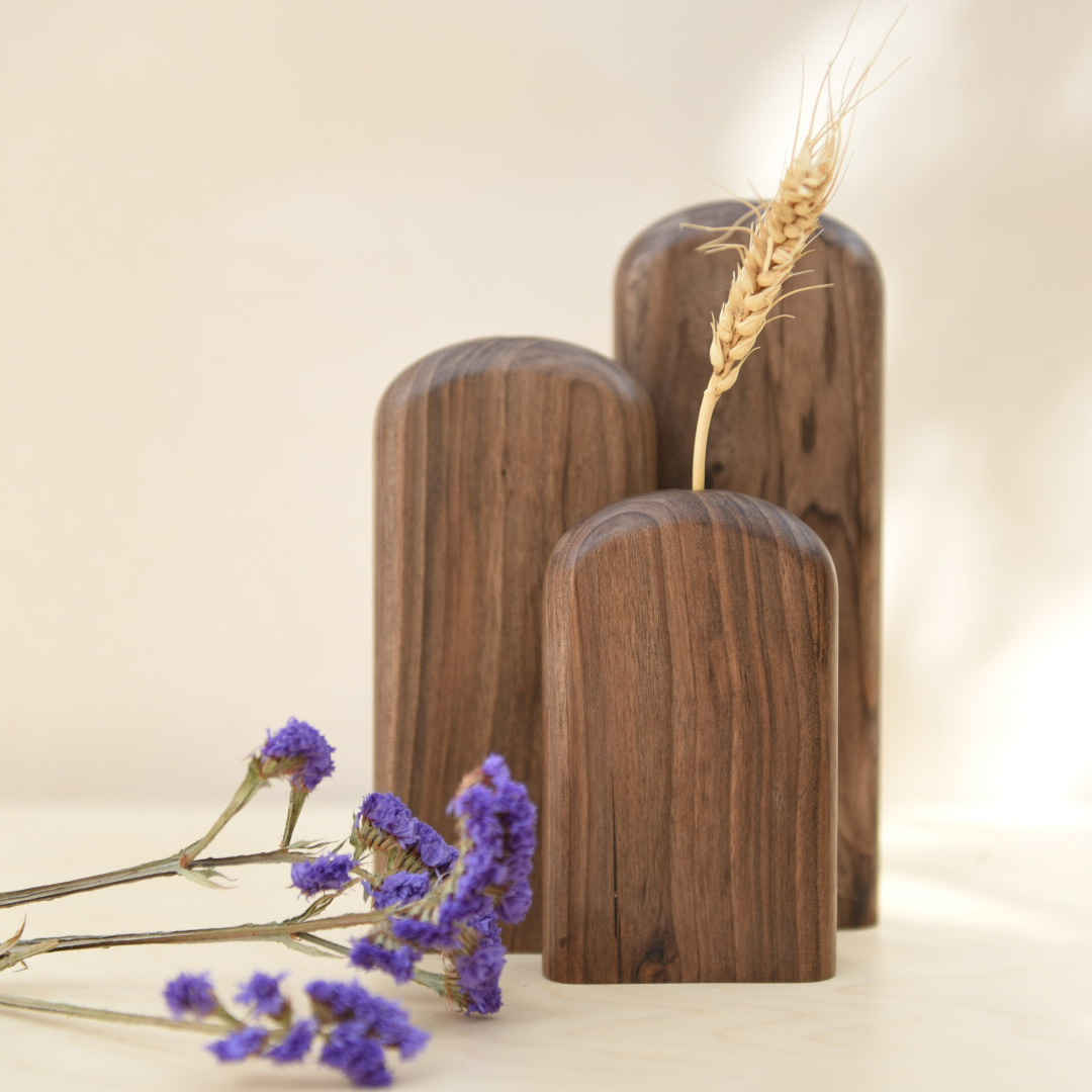 Handgefertigte dekorative Holz-Einzelstielvase – Ästhetisches Geschenk, 3er-Set