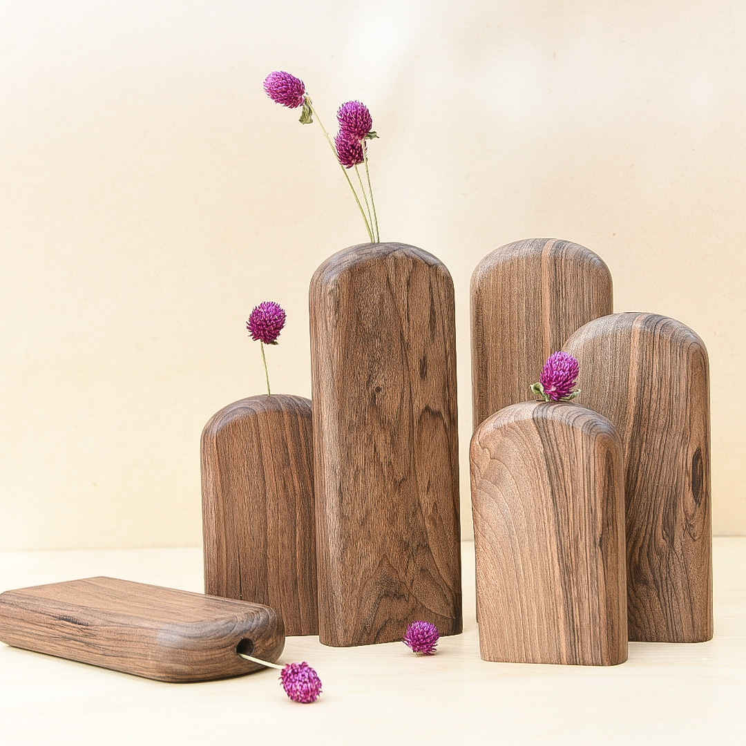 Handgefertigte dekorative Holz-Einzelstielvase – Ästhetisches Geschenk, 3er-Set