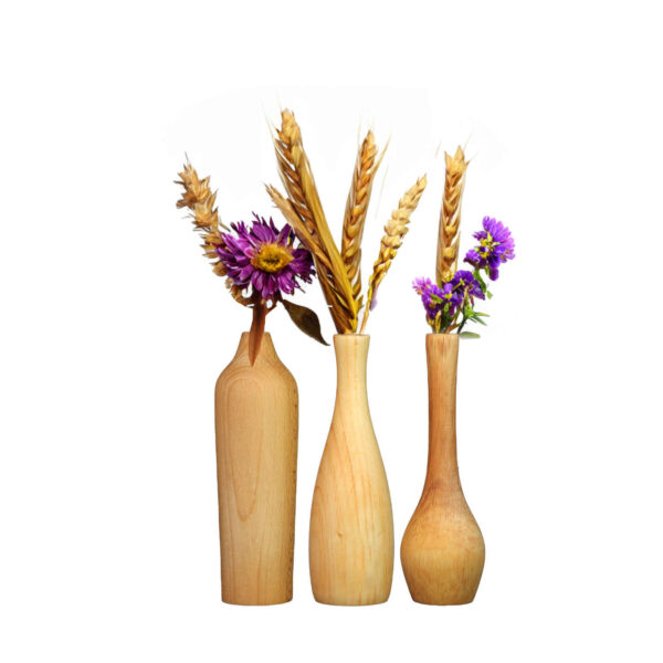 Handgefertigte dekorative Mini-Holzblumenvase aus massivem Naturholz – 3er-Set