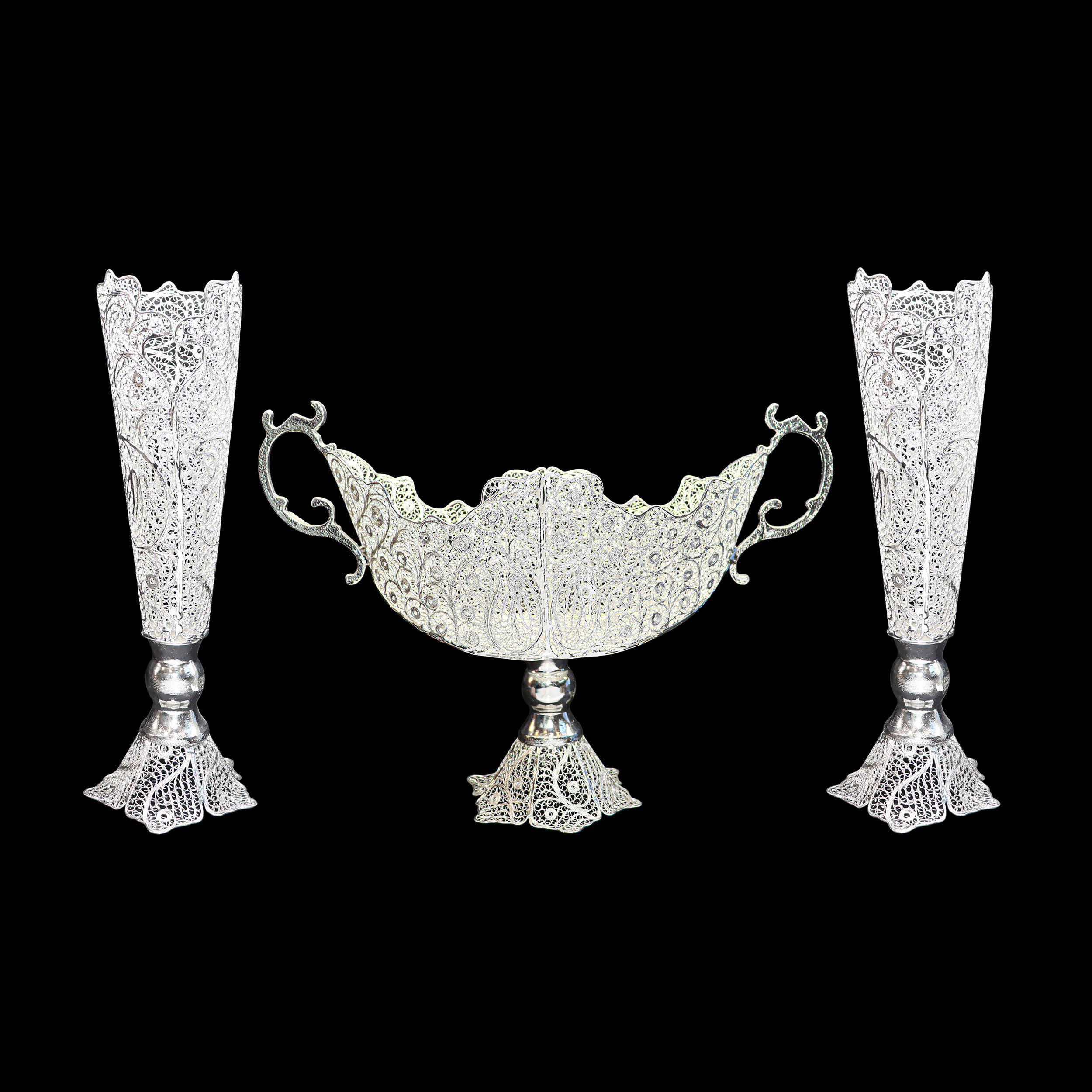 Set von 3 Dekorativen Persischen Filigran-Vasen & Schale mit Silberbeschichtung