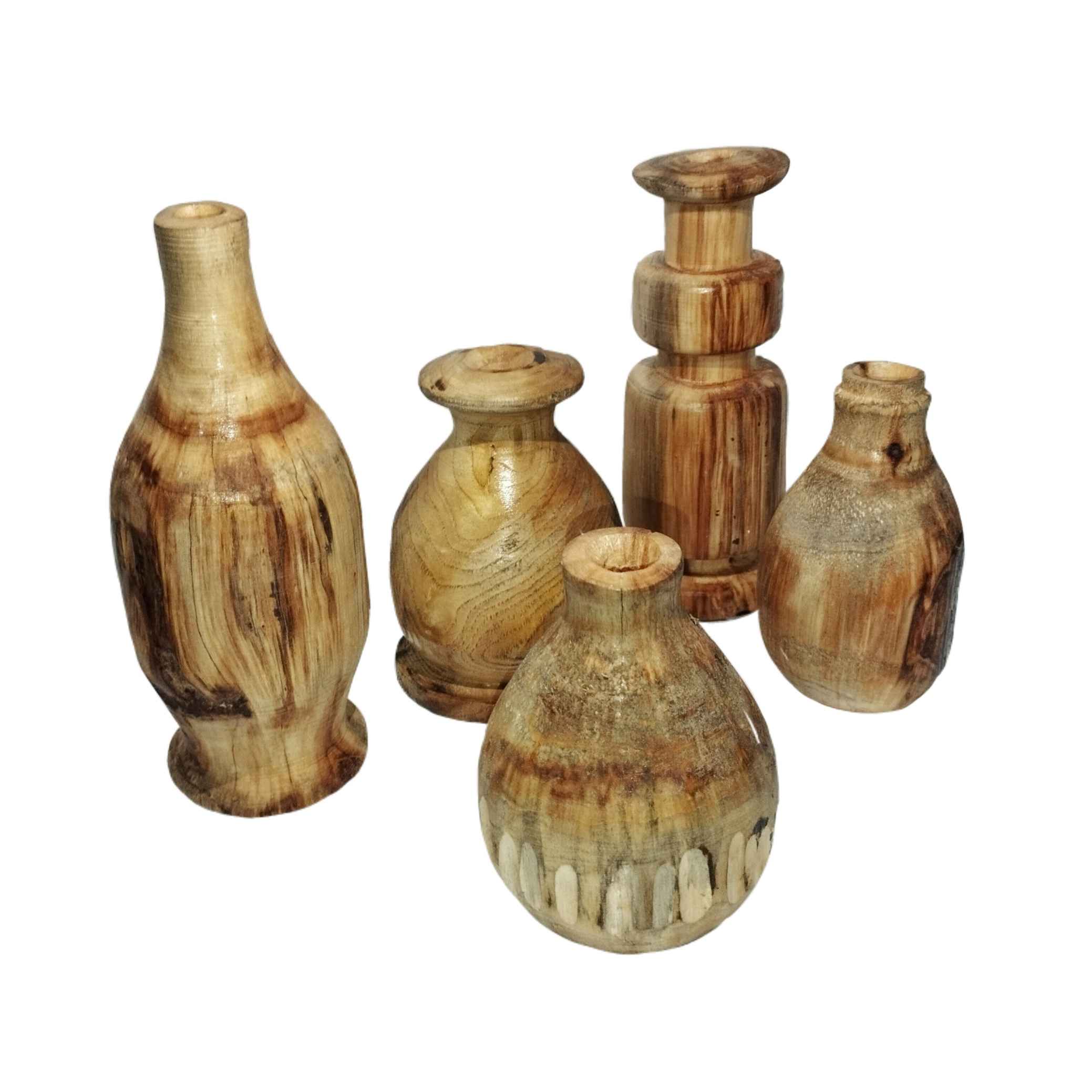 Handgefertigte dekorative Holz-Knospenvasen aus massivem Naturholz – 5er-Set