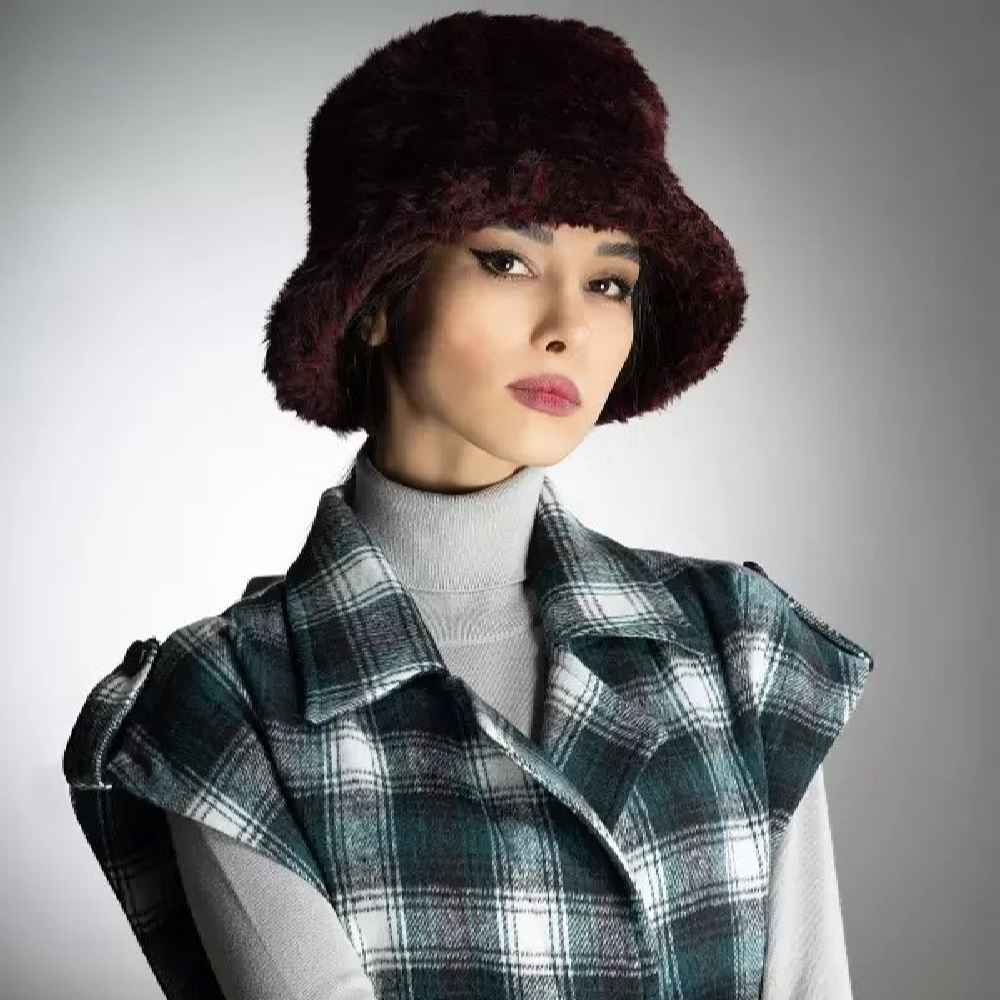 Damen Kunstfell-Bucket-Hut – schlichtes Rosa