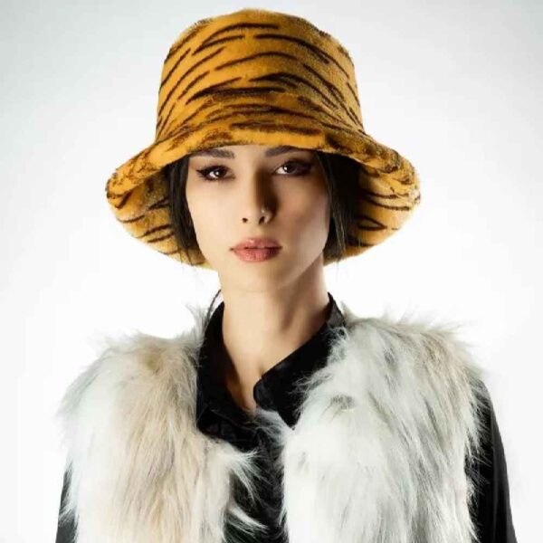 Damen Flauschiger Kunstfell-Bucket Hat - Modell Tiger