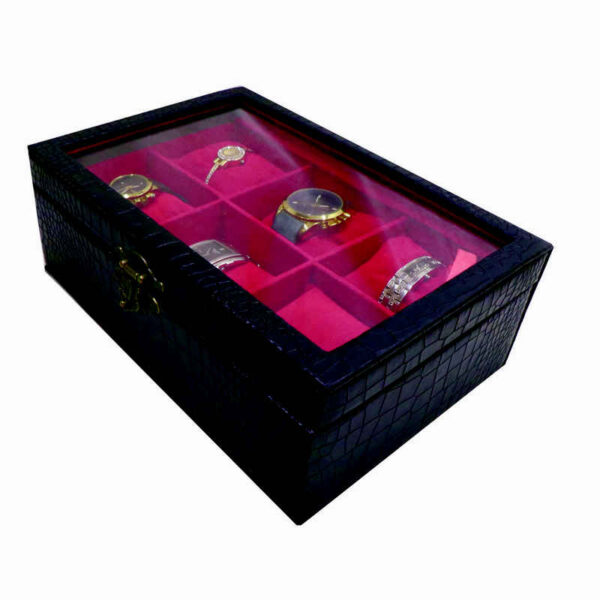 Holz-Uhrenbox mit Lederbezug - 6 Fächer