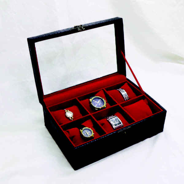 Holz-Uhrenbox mit Lederbezug – 6 Fächer