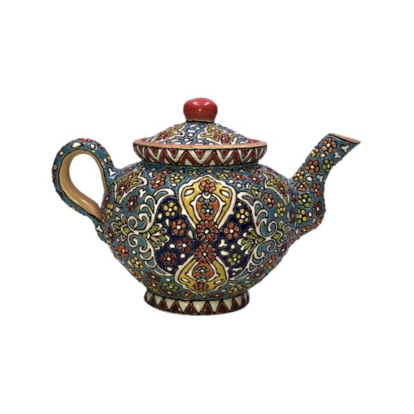 Dekorativer Töpfer-Teekessel mit filigraner Minakari-Emaille-Technik
