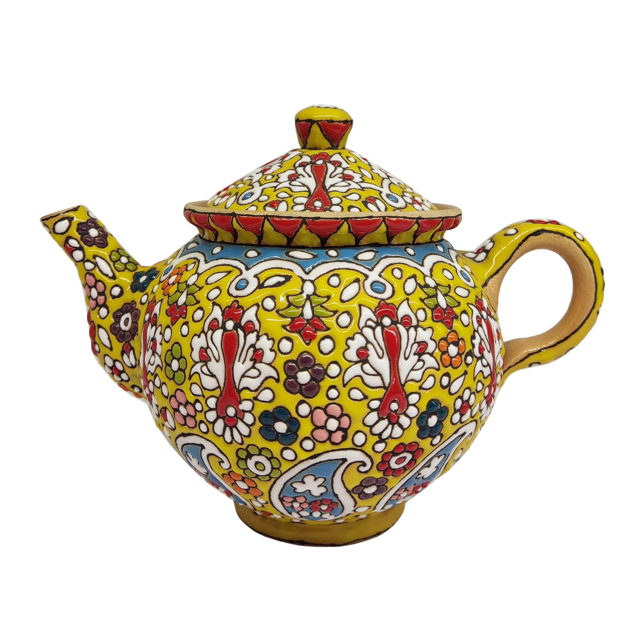Dekorativer Töpfer-Teekessel mit gelbem Emaille-Design