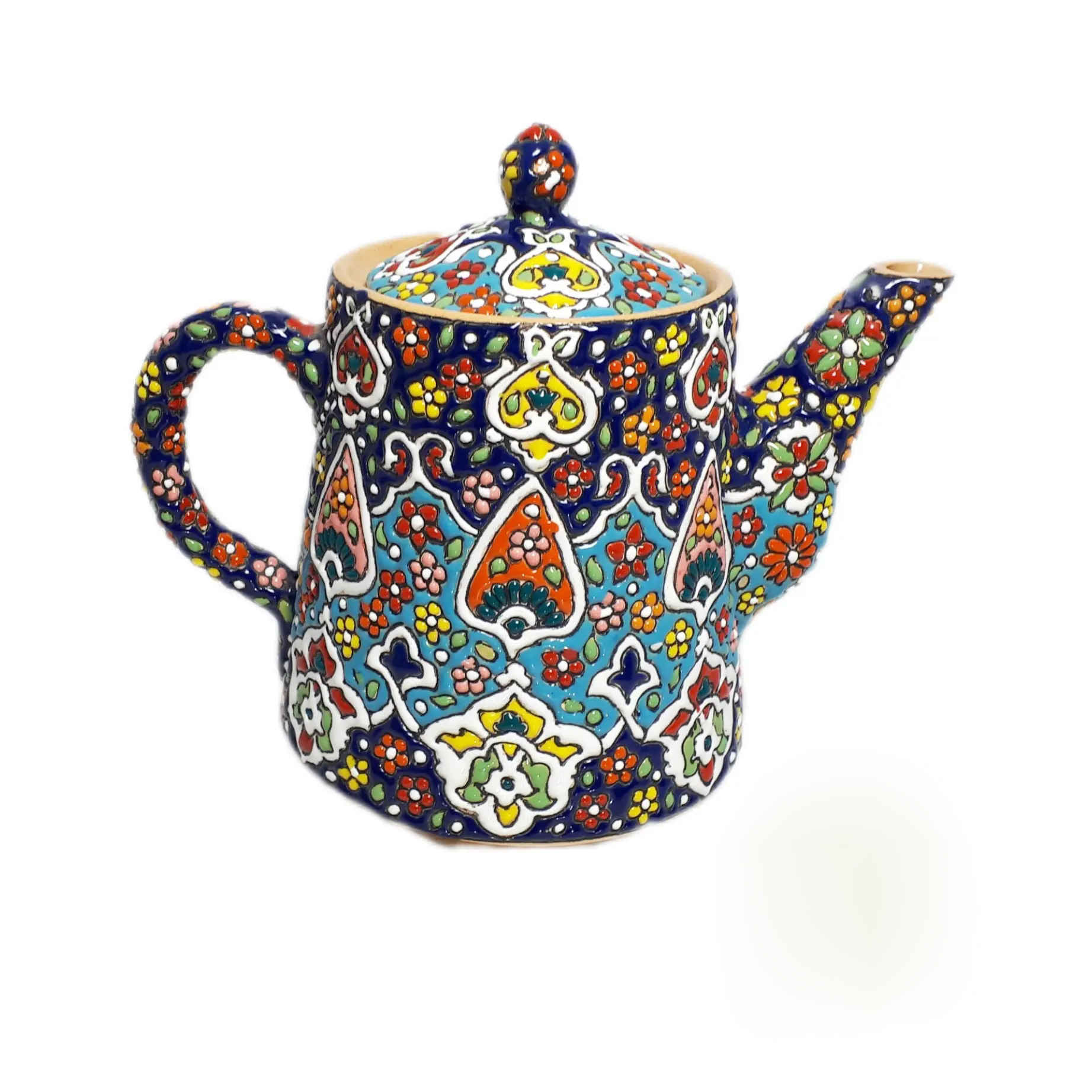 Dekorativer Töpfer-Teekessel mit blauem Minakari-Emaille-Design