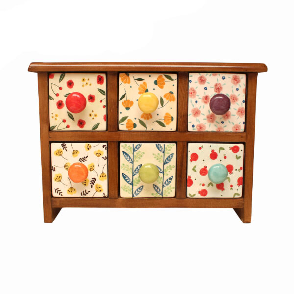 Handgefertigte Kommode mit 6 Keramikschubladen und Holzkasten