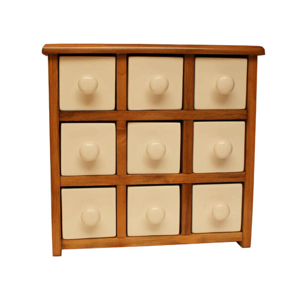 Handgefertigte Kommode mit 9 Keramikschubladen und Holzkasten