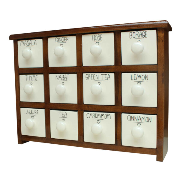 Handgefertigte Kommode mit 12 Keramikschubladen und Holzkasten