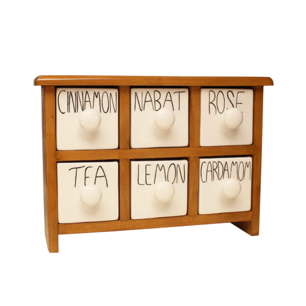 Handgefertigte Kommode mit 6 Keramikschubladen und Holzkasten