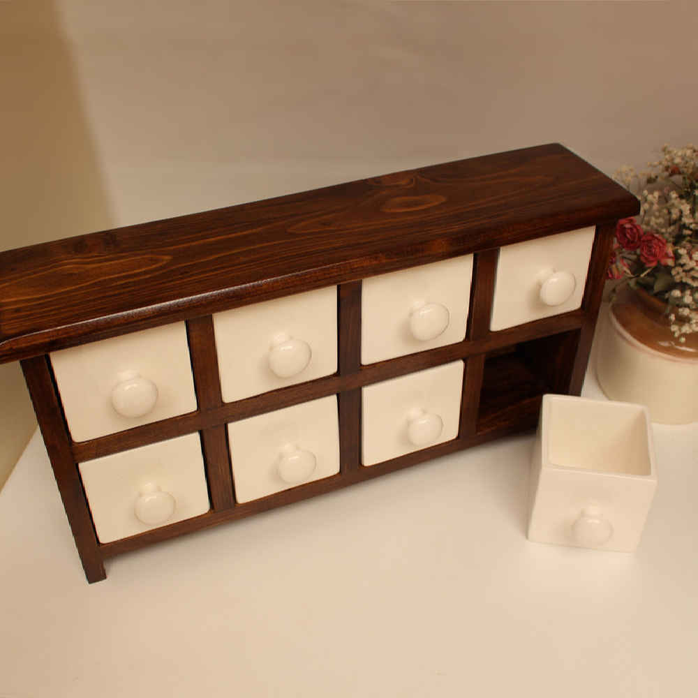 Handgefertigte Kommode mit 8 Keramikschubladen und Holzkasten