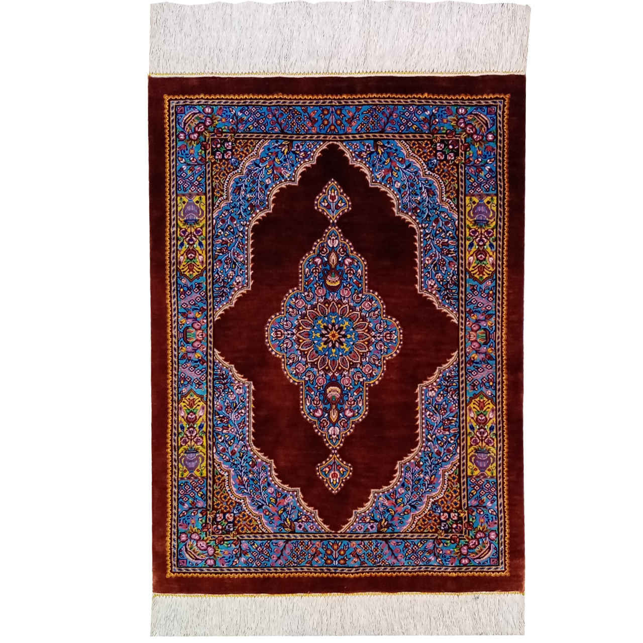 Authentischer iranischer Gebetsteppich aus Seide, handgeknüpft & luxuriöser Sajada