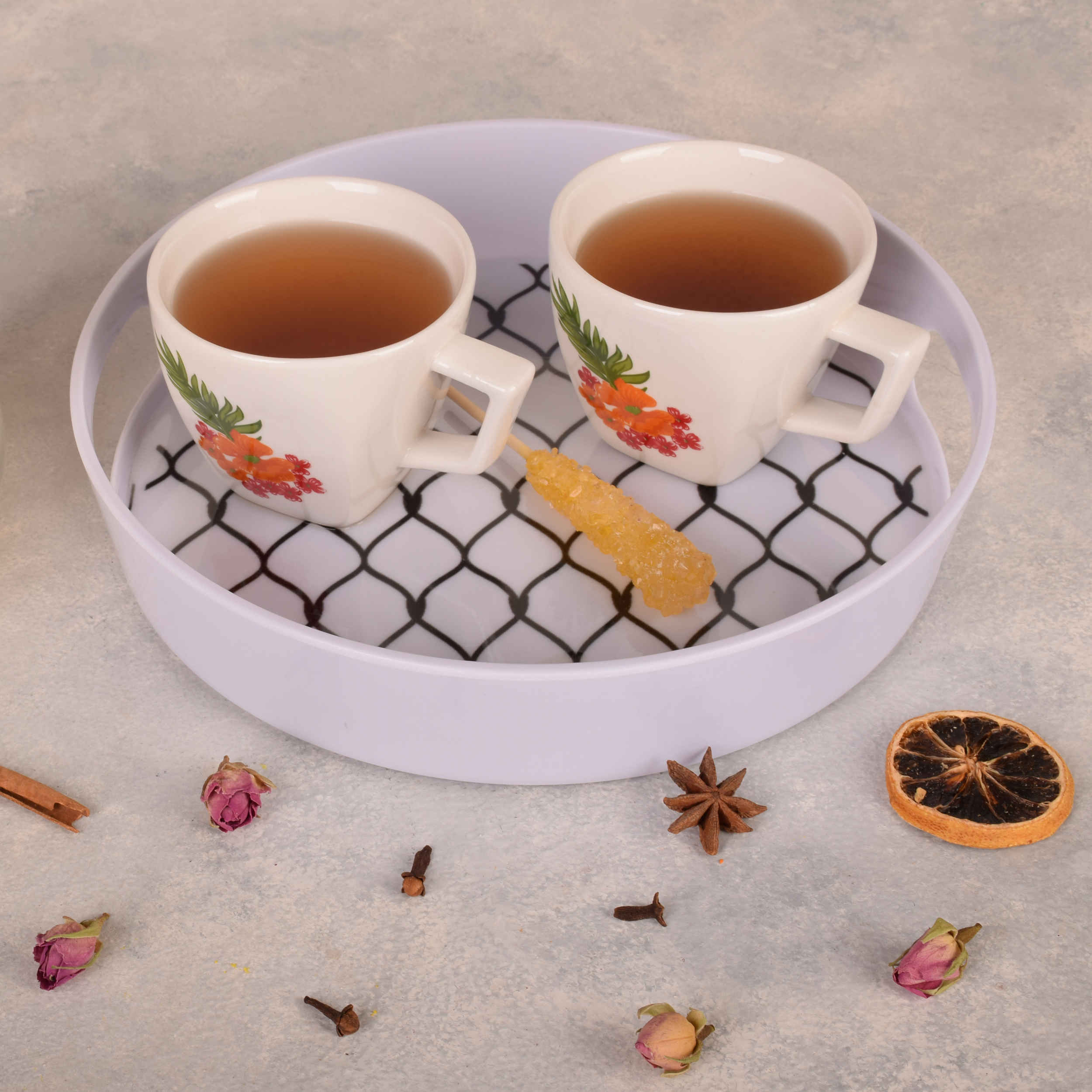 Melamin-Serviertablett, runde Form zum Servieren von Speisen, Modell Zaun