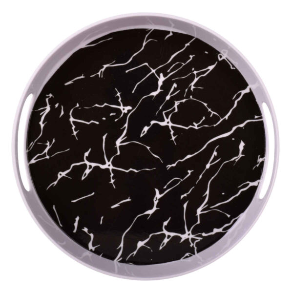 Melamin-Serviertablett, runde Form mit Griff, schwarzes Marmor-Design