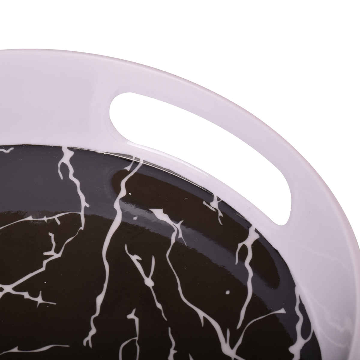 Melamin-Serviertablett, runde Form mit Griff, schwarzes Marmor-Design