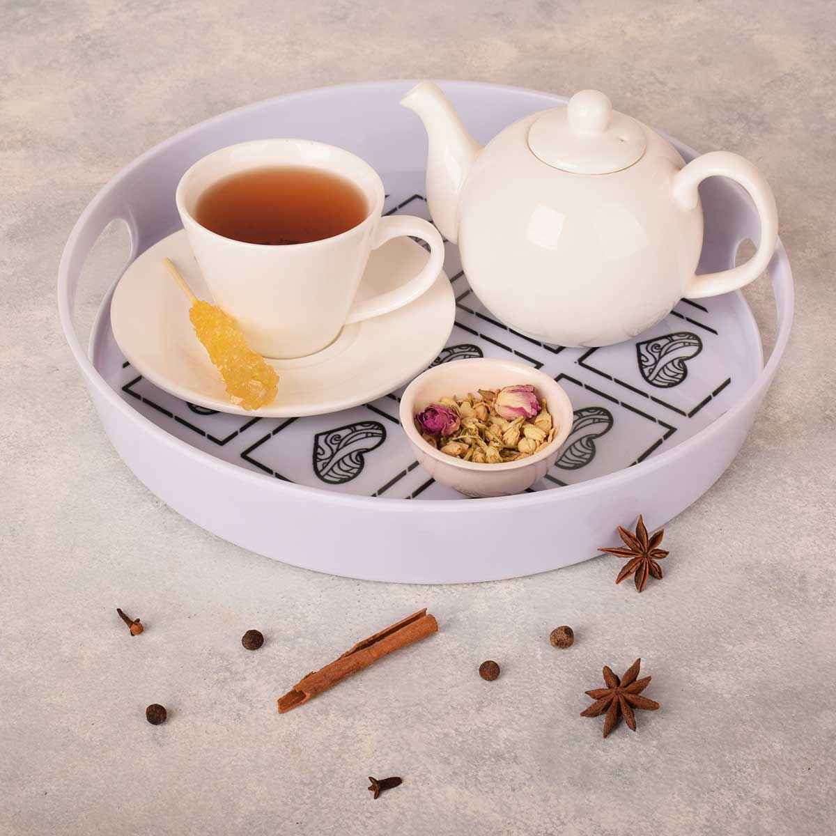 Melamin-Serviertablett, runde Form mit Griff, Herzdesign