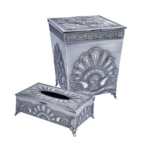 Metall-Abfalleimer- und Taschentuchbox-Set – Pfauenmuster