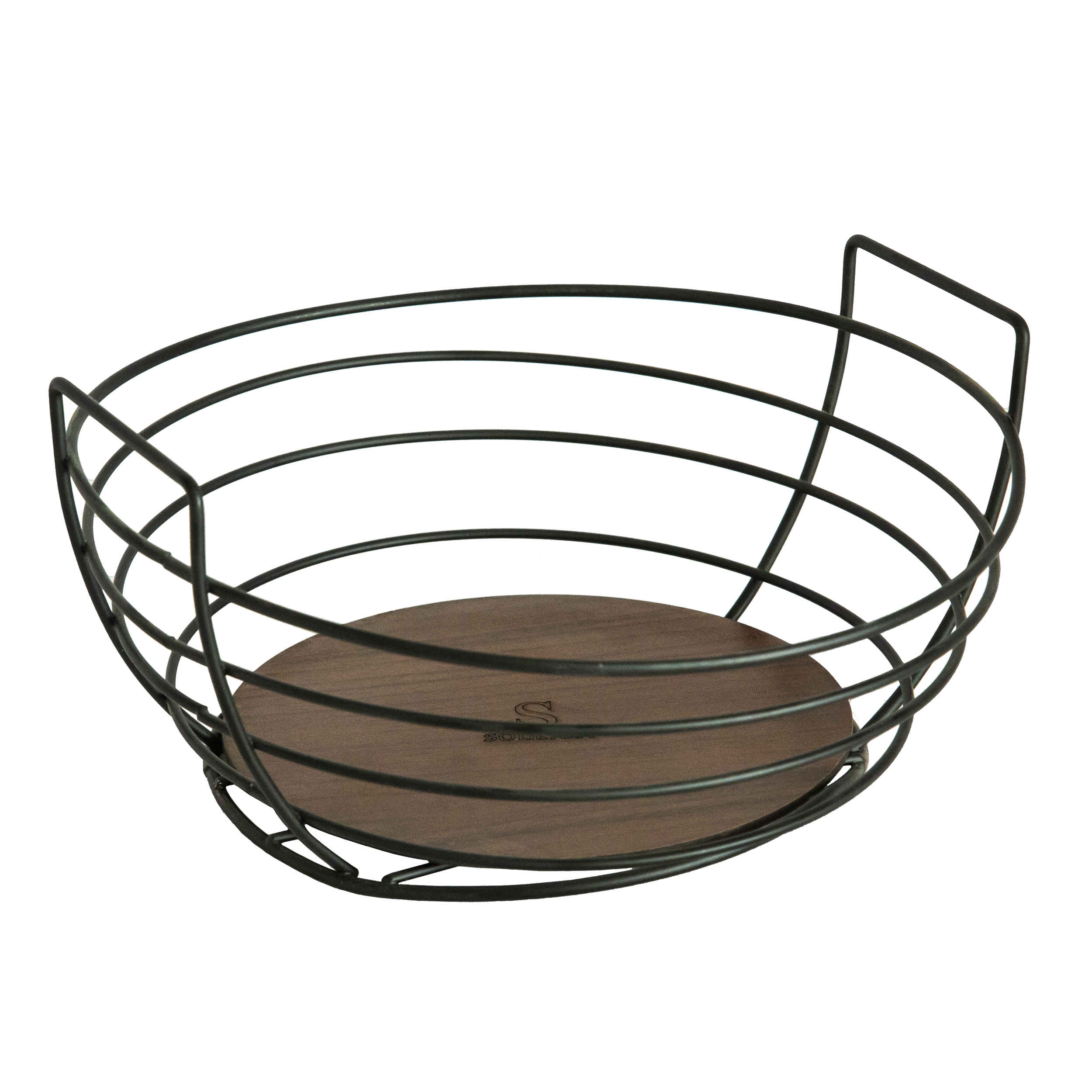 Obstkorb aus Metalldraht oval geformt mit Holzfuß