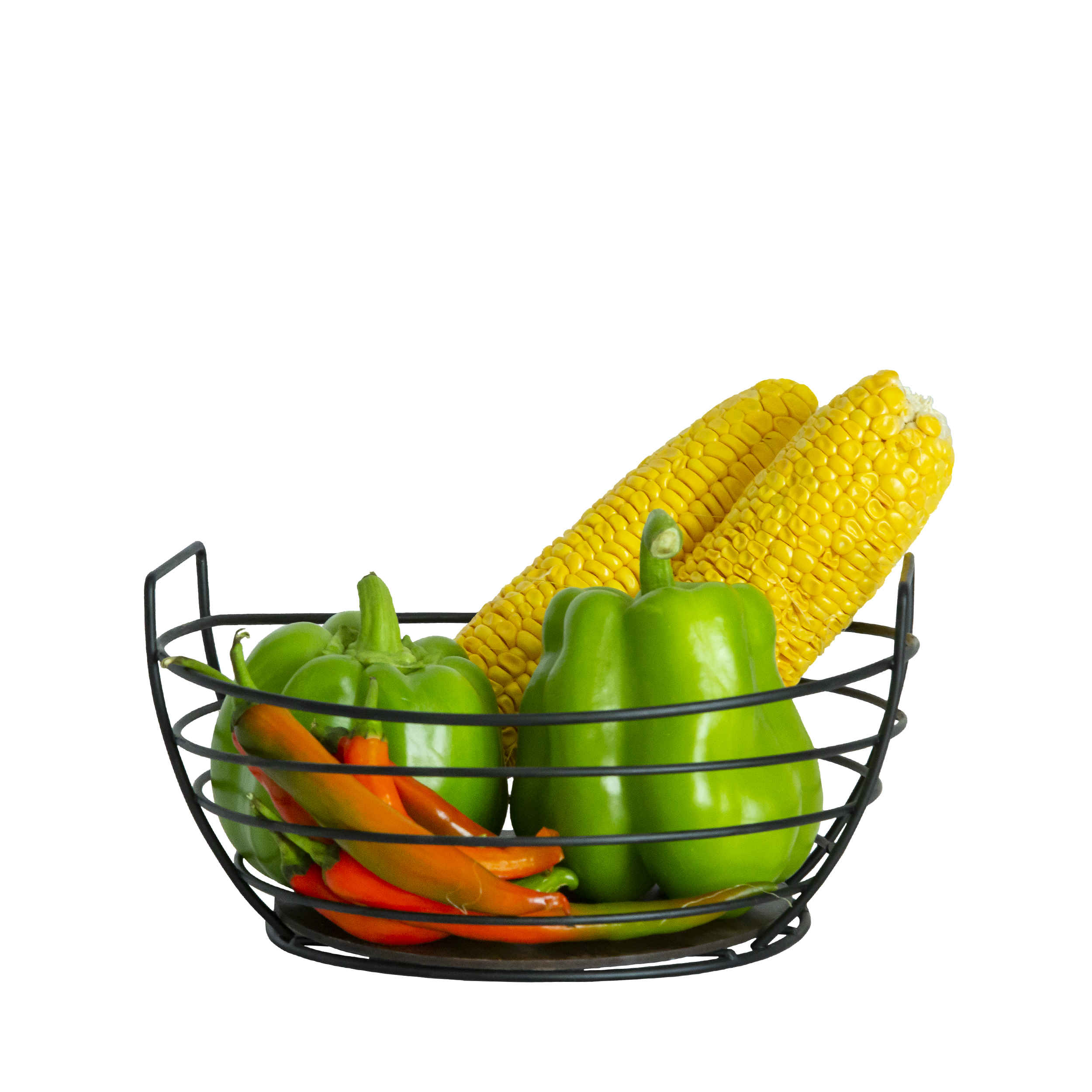 Obstkorb aus Metalldraht oval geformt mit Holzfuß