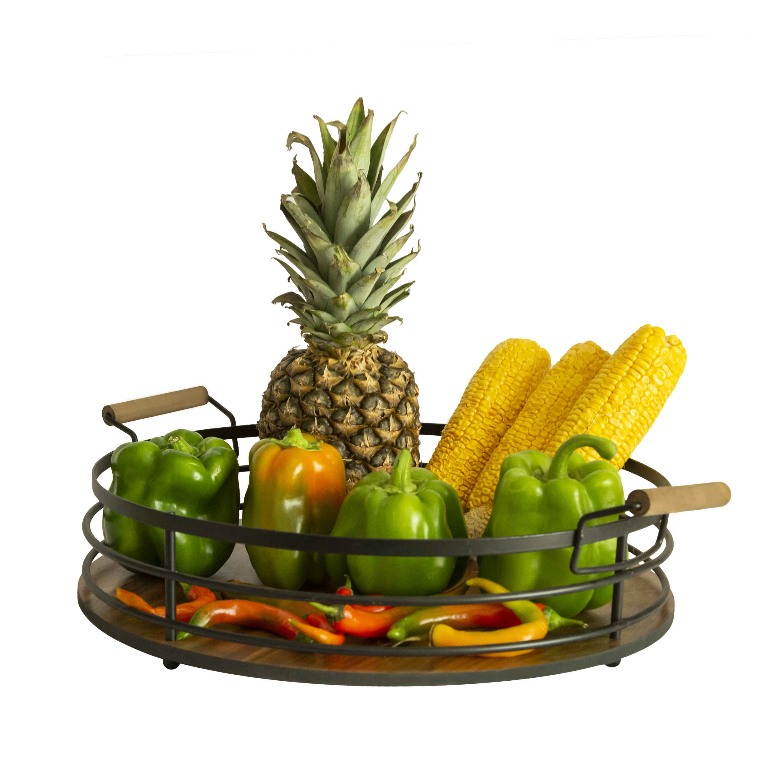 Obstkorb aus Metalldraht rund geformt mit Holzgriff