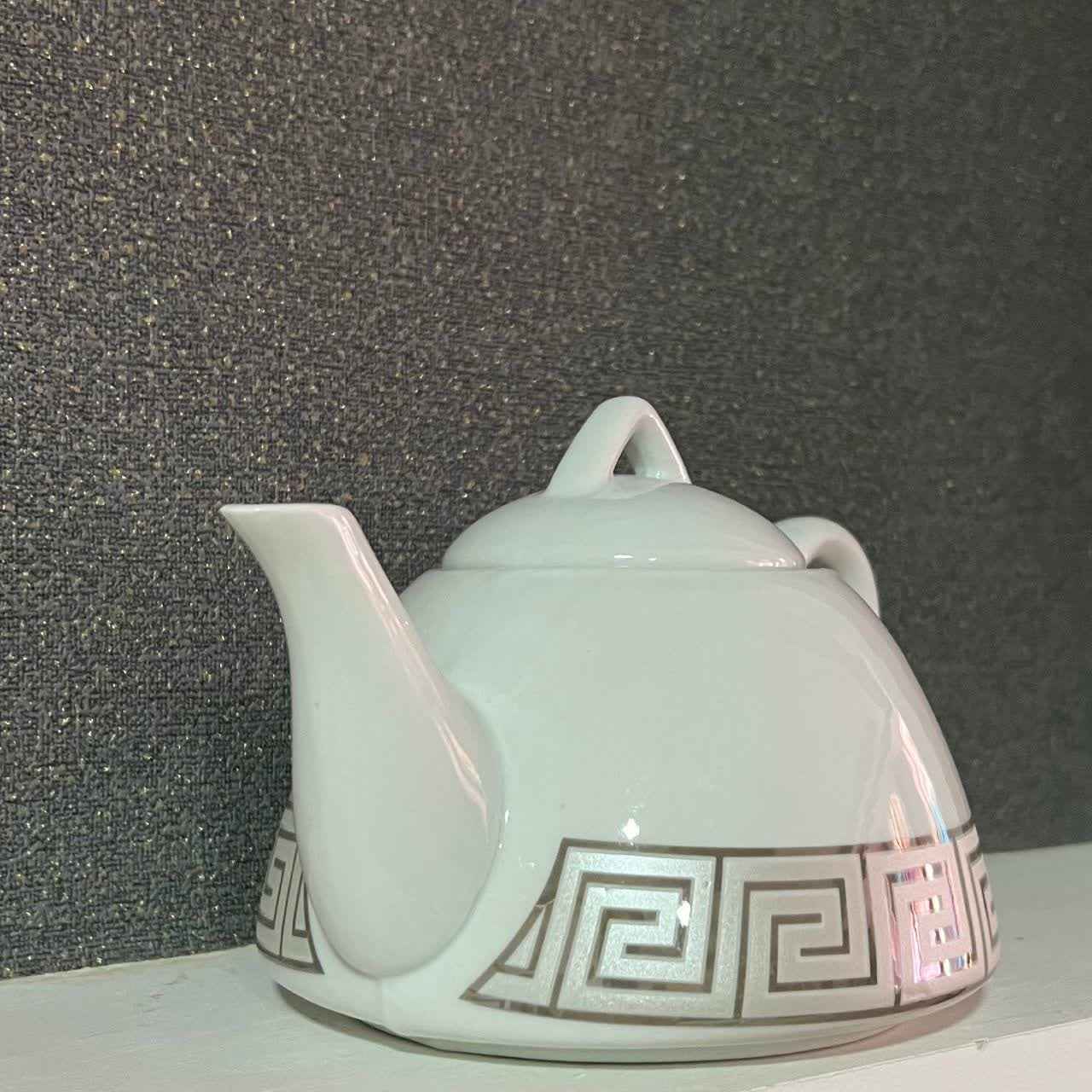 Porzellan-Servier-Teekanne mit silbernem griechischen Schlüssel-Design Nr. 1