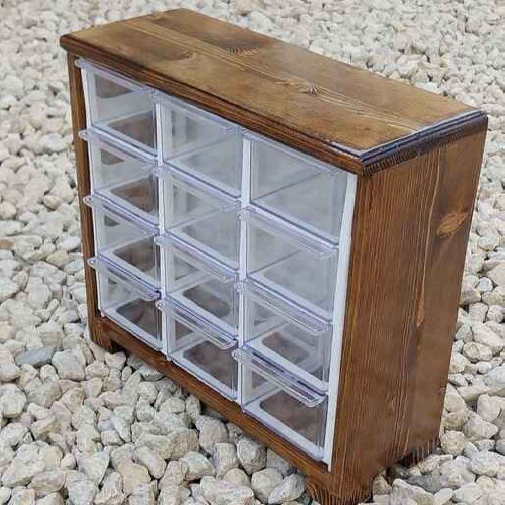 Elegante Holzbox – Stilvolle Aufbewahrungslösung mit 12 Kunststoff-Schubladen