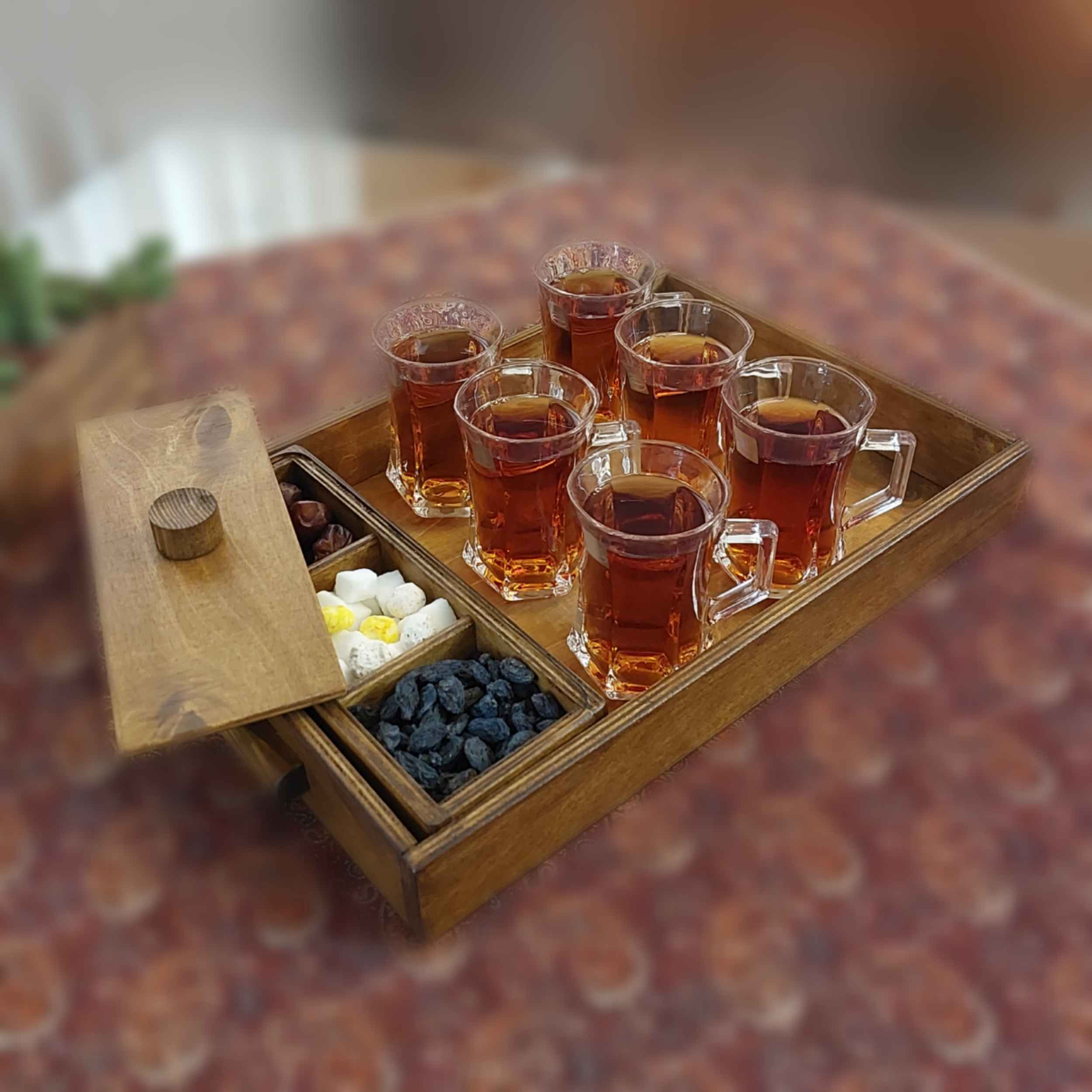 Holztablett mit drei Abschnitten, Zuckerschale & Griff – Für Tee oder Süßigkeiten