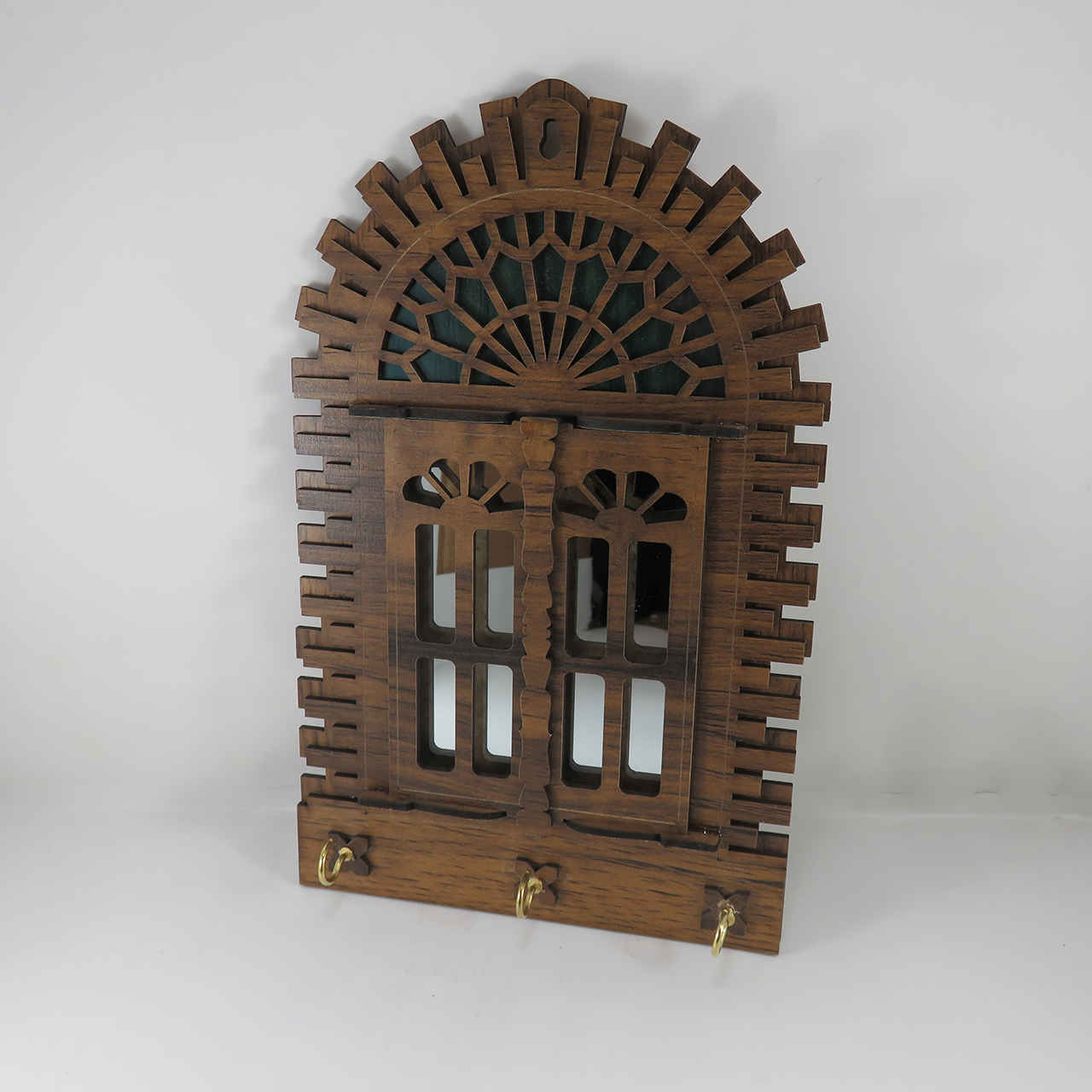 Handgefertigter persischer Holz-Wand-Schlüsselhalter mit traditionellem Fensterdesign