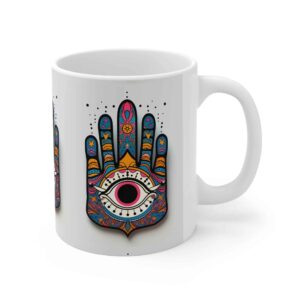 Islamische Keramik-Kaffeetasse – Bunte Hamsa Hand von Fatima Muster