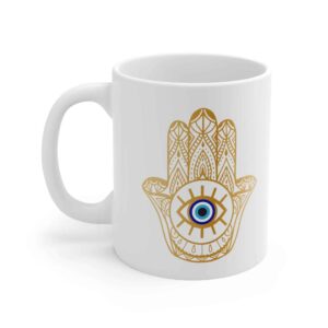 Islamische Keramik-Kaffeetasse – Goldene Hamsa Hand Muster