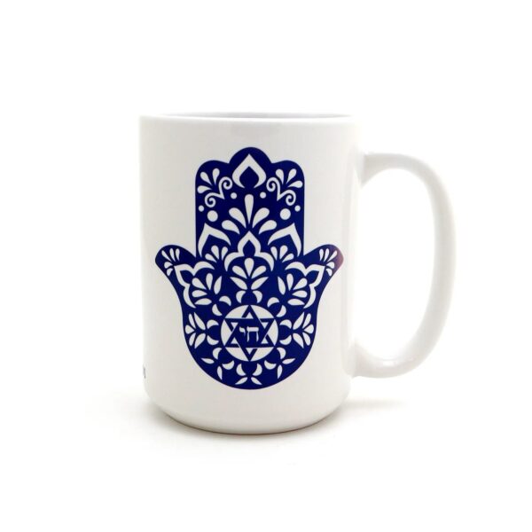 Islamische Keramik-Kaffeetasse - Marineblaue Hamsa Hand von Fatima Muster