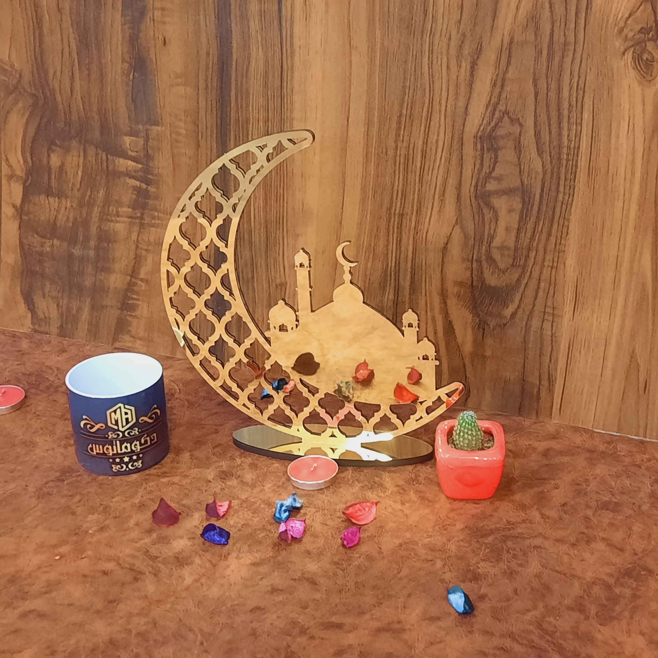 Islamischer Acryl-Tischkerzenhalter mit Ramadan- und Halbmond-Design